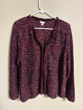 J Jill Cardigan Sweater Fringed Tweed Maroon Size Large Petite Marbled Classic
